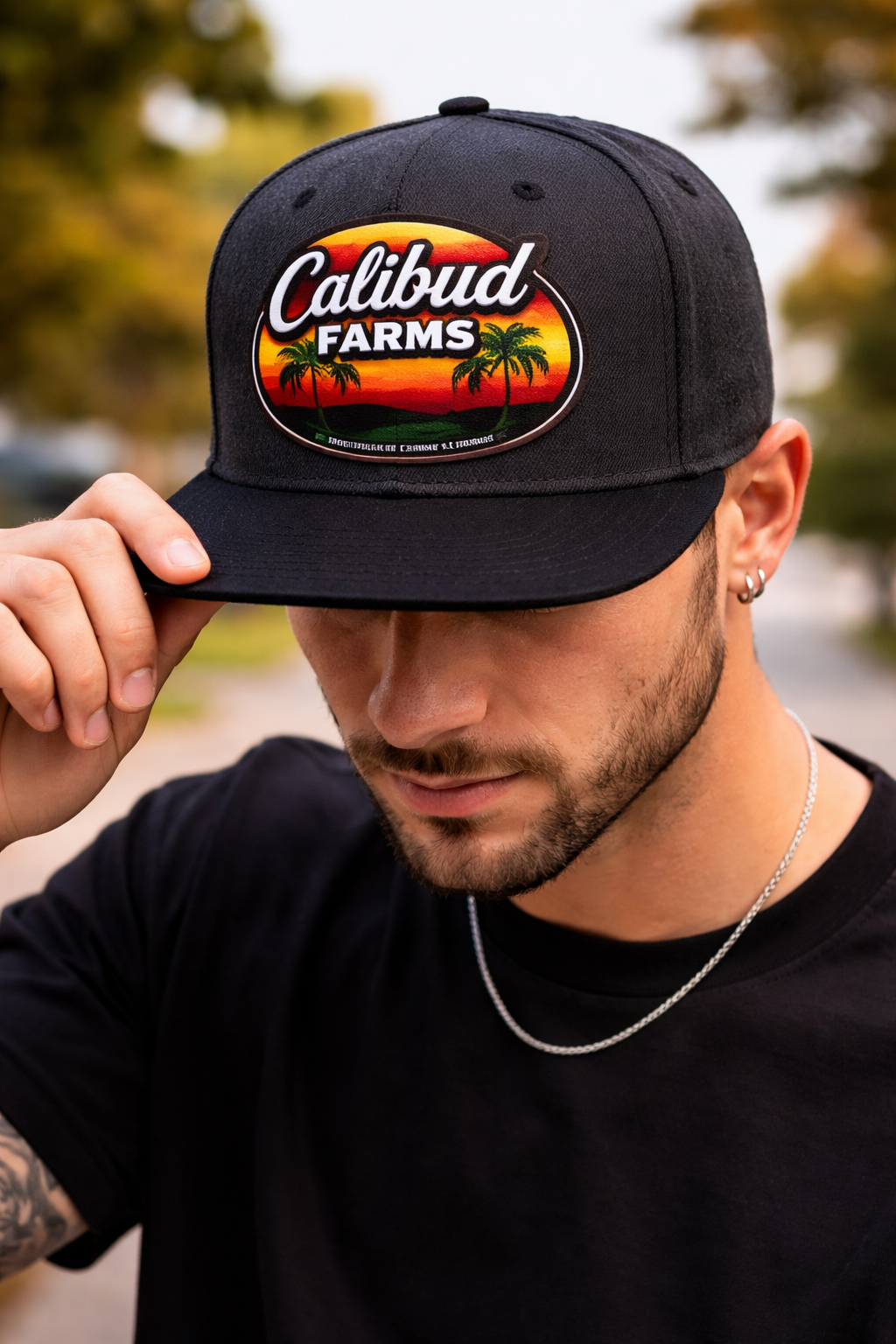 Model wearing CaliBud Farms hat