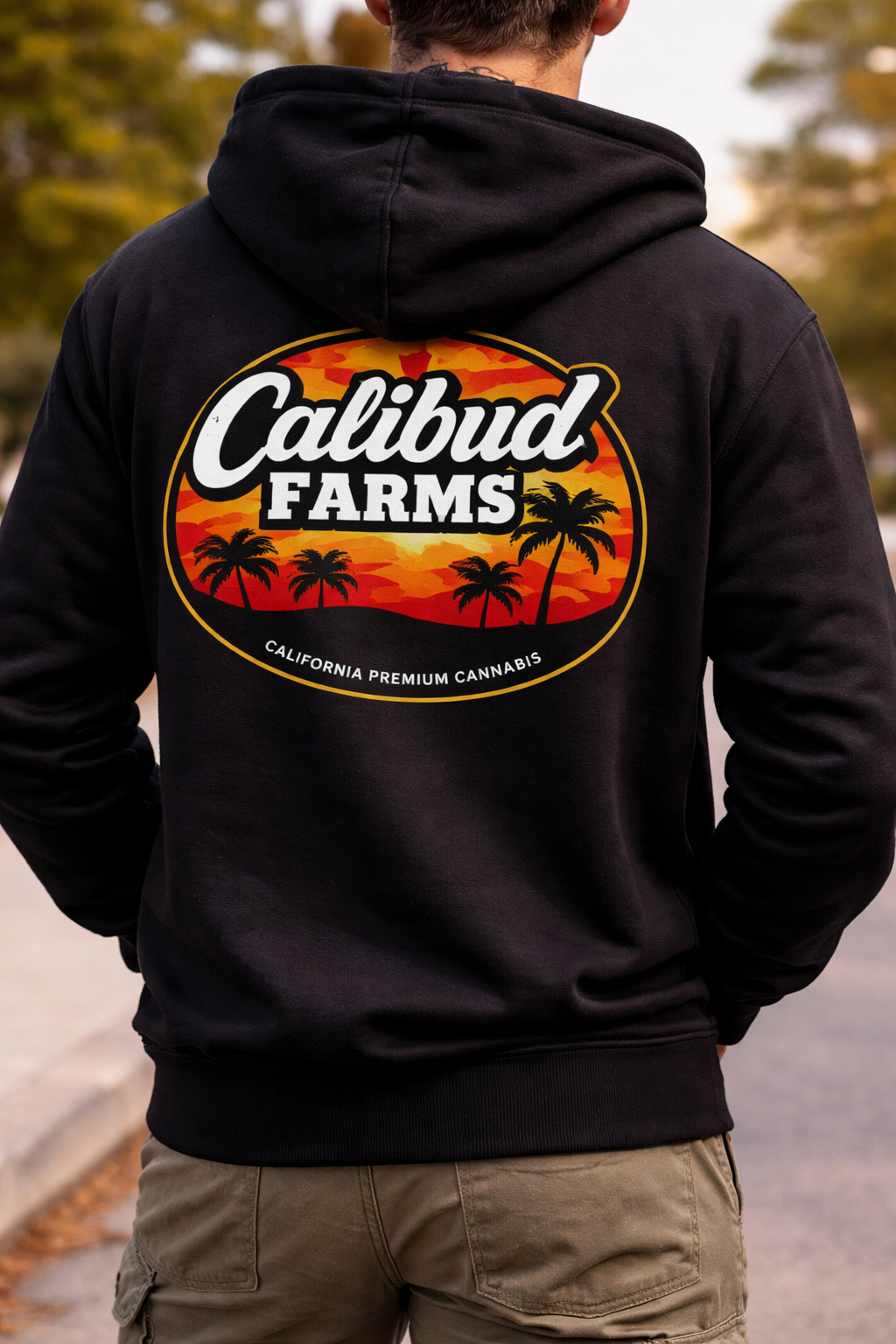 Model wearing CaliBud Farms hoodie